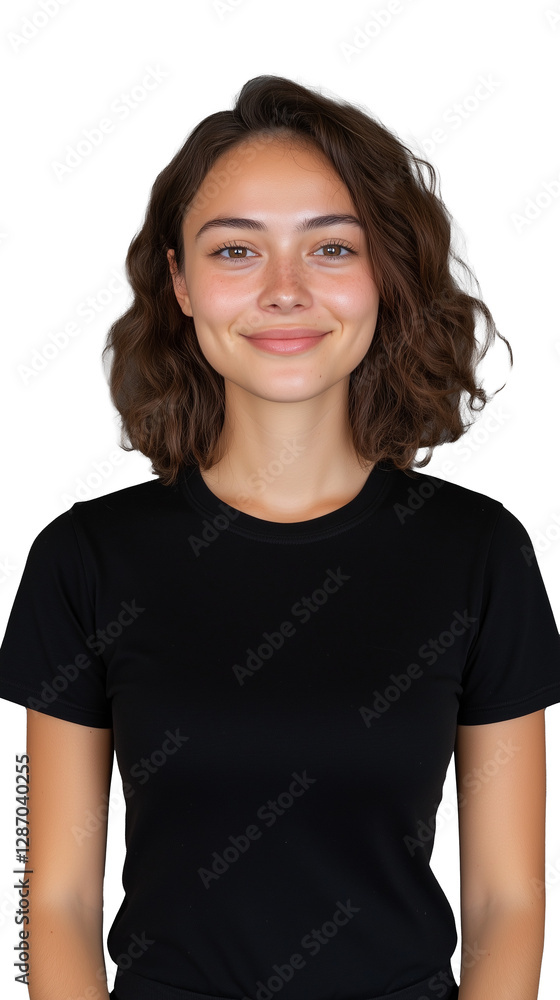 A smiling young woman in a black t-shirt, isolated on a transparent background. Great for casual and lifestyle themes. A smiling young woman in a black t-shirt, isolated on a transparent background. Great for casual and lifestyle themes.