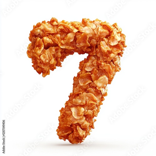 Number 7 made of crispy golden-brown fried chicken skin with a crunchy texture isolated on a clean white background