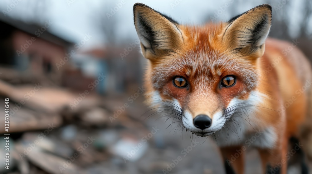 Fototapeta premium A striking red fox with penetrating eyes gazes curiously at the camera, highlighting its majestic fur and intricate features, evoking a sense of wild beauty and natural elegance.