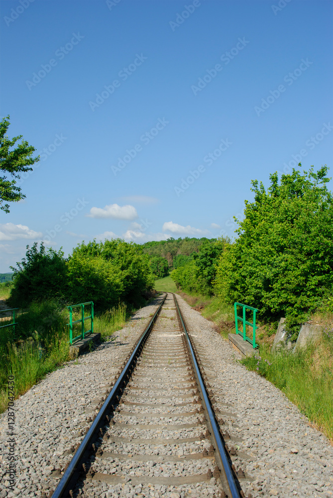 Obraz premium Railway track surrounded by green nature under a blue sky