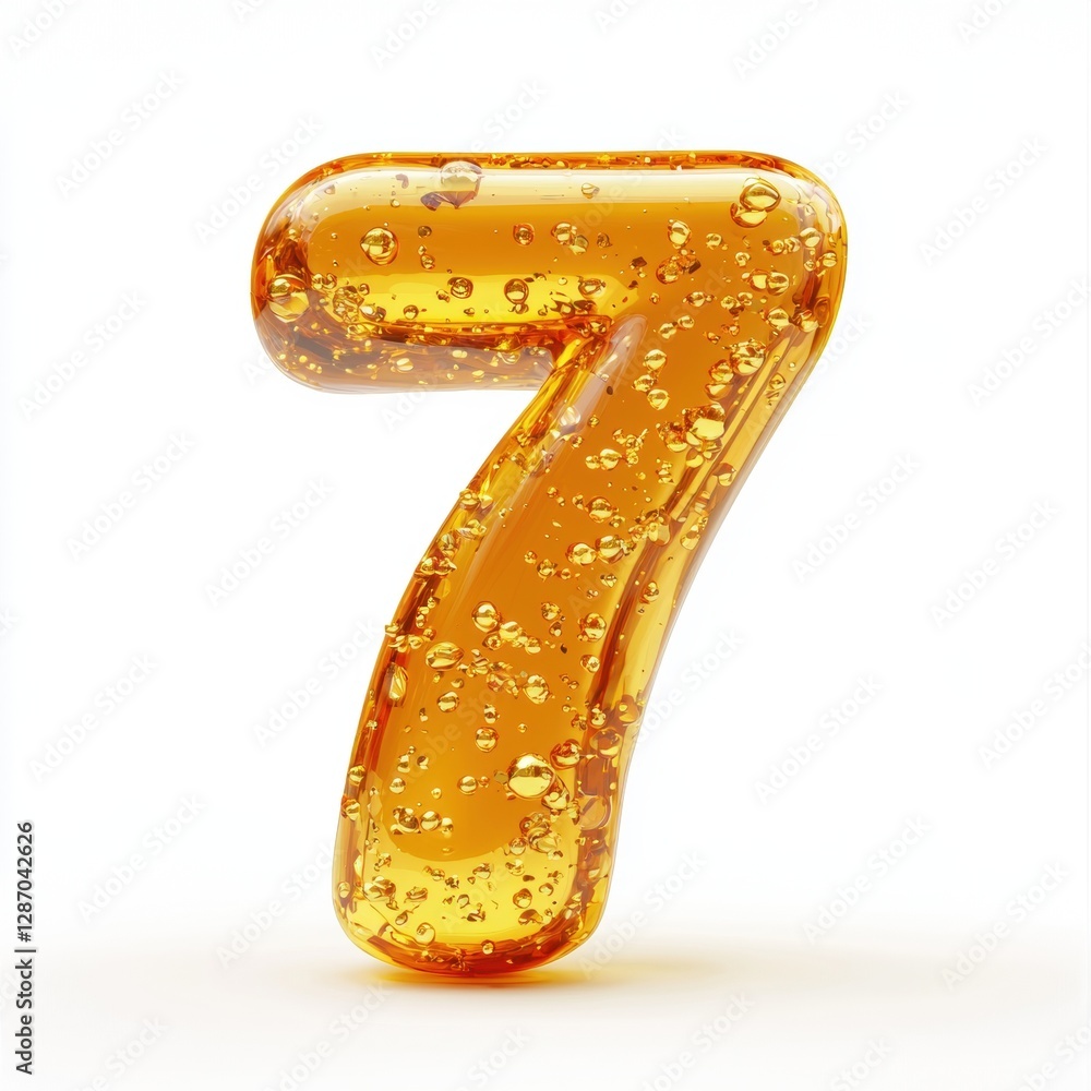 Number 7 made of rich golden slime infused with tiny sparkling gold flakes and a smooth glossy surface isolated on a clean white background Number 7 made of rich golden slime infused with tiny sparkling gold flakes and a smooth glossy surface isolated on a clean white background