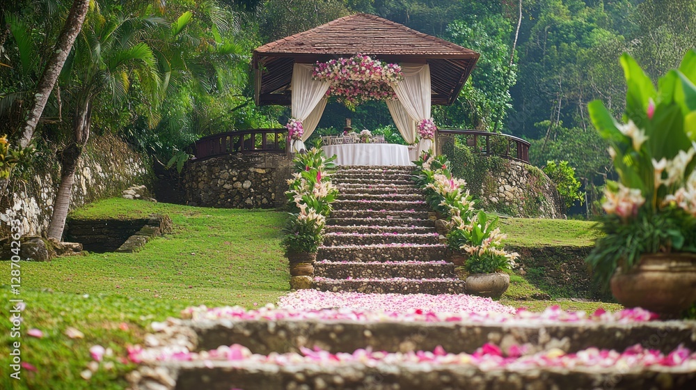 Elegant Wedding Gazebo Decor with Flower Petals and Lush Greenery Elegant Wedding Gazebo Decor with Flower Petals and Lush Greenery