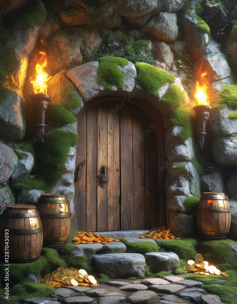 Naklejka premium Saint Patricks Day product display background podium, Leprechaun’s Vault, rustic wooden door, old moss-covered stone wall, pots of gold coins, torchlight, ad, presentation space
