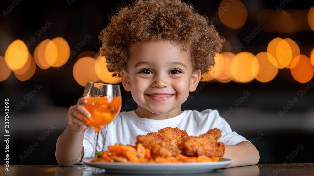 Happy toddler enjoying fried chicken and orange juice at restaurant Happy toddler enjoying fried chicken and orange juice at restaurant