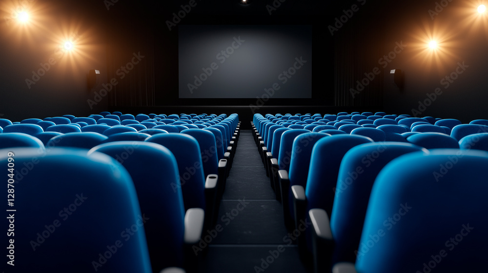 Spacious movie theater with modern design and elegant lighting. Empty seats and large screen symbolize anticipation of great film. Perfect for film industry, cinema culture and entertainment marketing Spacious movie theater with modern design and elegant lighting. Empty seats and large screen symbolize anticipation of great film. Perfect for film industry, cinema culture and entertainment marketing