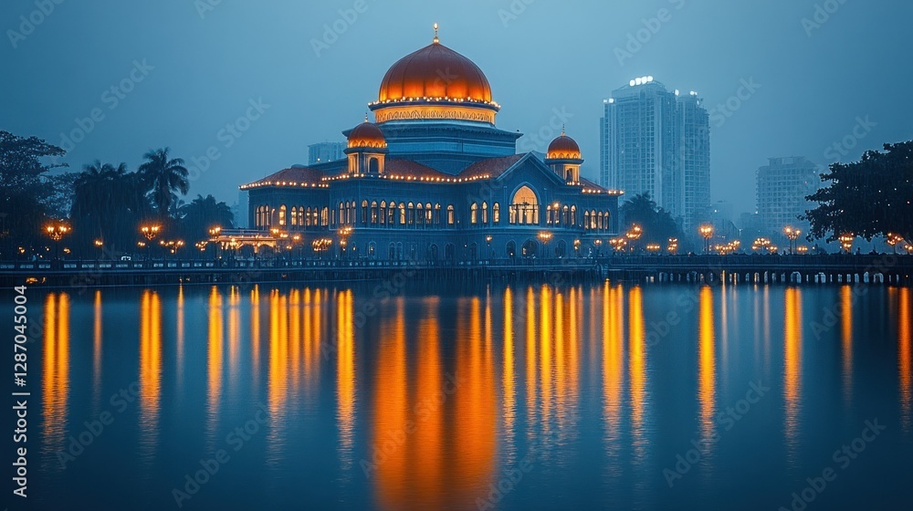Fototapeta premium Illuminated Mosque Reflecting on Water at Dusk in Urban Setting