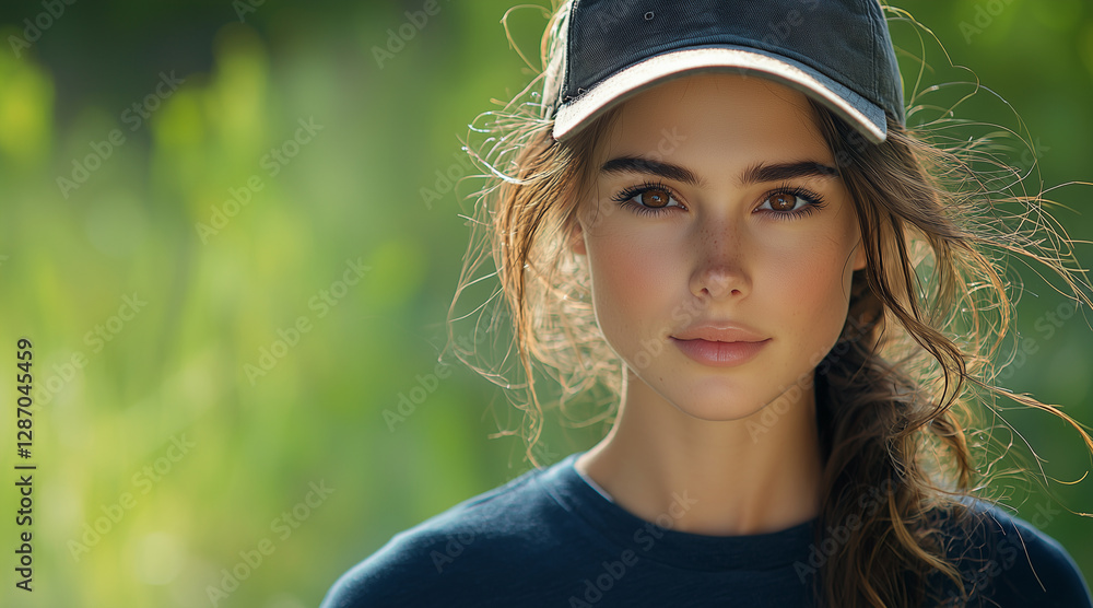 Naklejka premium A beautiful woman with brown hair and brown eyes in a sports T-shirt and cap in Russia in the summer mountains