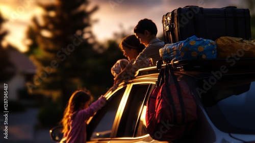 Family Packing Car with Suitcases at Sunset Silhouette Backlit Outdoor Scene