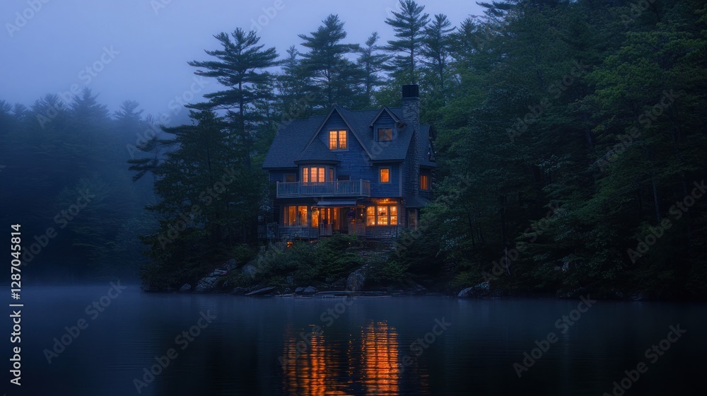 Fototapeta premium Lakeside House Lit in Evening with Fog and Forest