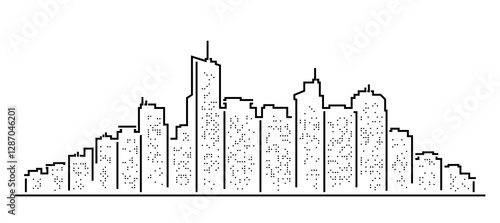 Minimalist Black and White Line Art of a City Skyline With Various High-Rise Buildings