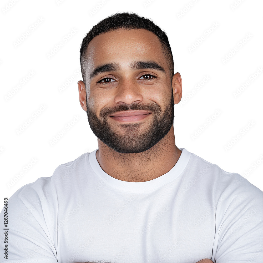 Obraz premium Smiling man with a beard in a white shirt on transparent background