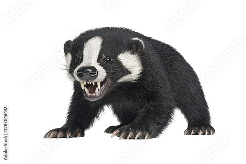 Angry animal with black and white fur on transparent background. Aggressive stance with open mouth revealing teeth. Studio shot with strong lighting