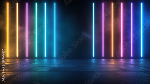 Wallpaper Mural Colorful neon lights illuminating dark empty room with smoke and tiled floor Torontodigital.ca