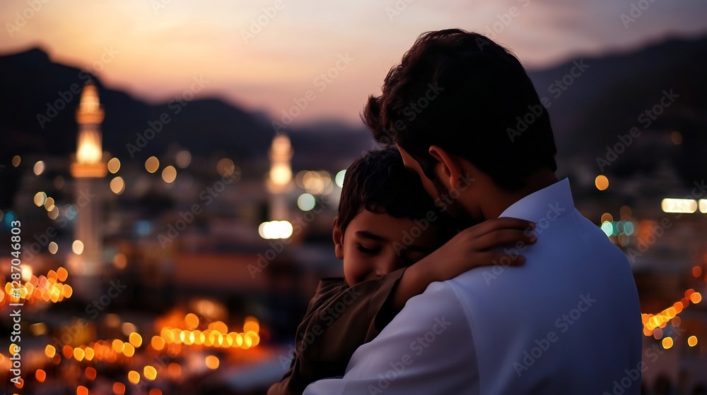 Father and Son Embrace During Evening with City Lights in Background Father and Son Embrace During Evening with City Lights in Background
