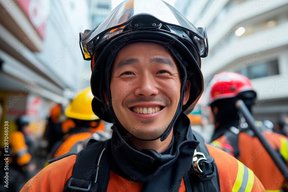 Smiling firefighter in professional uniform standing confidently on city street. Team of emergency responders visible in background, ready for action and safety service. Smiling firefighter in professional uniform standing confidently on city street. Team of emergency responders visible in background, ready for action and safety service.