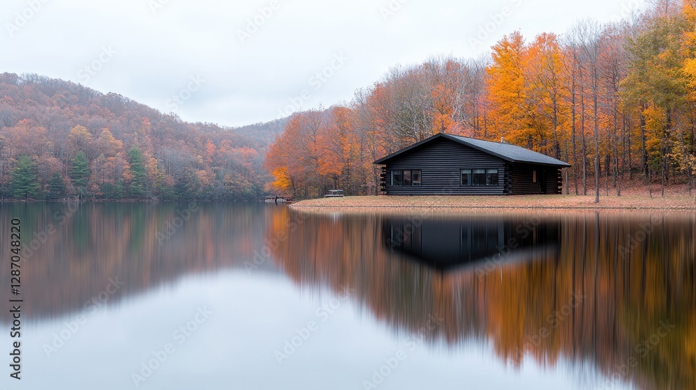 Fototapeta premium Autumn Cabin on a Calm Lake