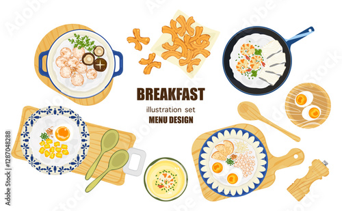 Vector illustration set of Thai breakfast for meals and single dishes. Healthy food, various delicious food, porridge, soft-boiled eggs, fish, shrimp, top view. Menu, restaurant for food design.