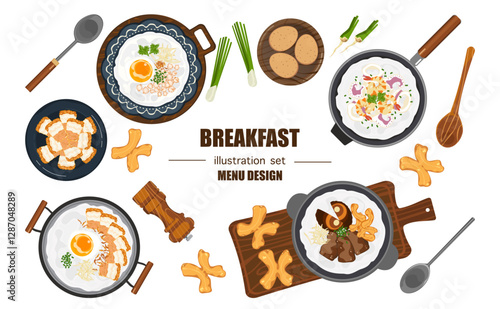 Vector illustration set of Thai breakfast for meals and single dishes. Healthy food, various delicious food, porridge, soft-boiled eggs, fish, shrimp, top view. Menu, restaurant for food design.