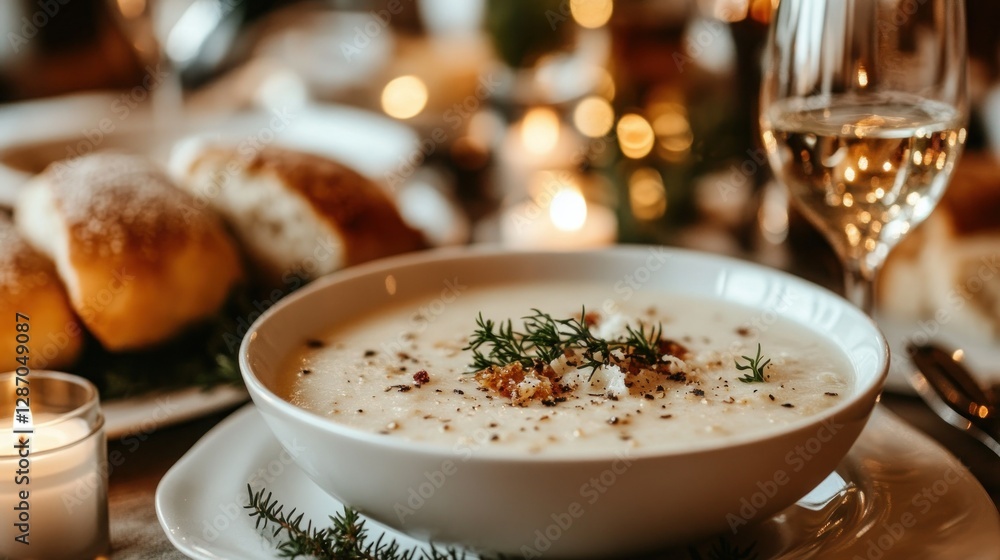Creamy soup dinner, festive table setting with warm lighting Creamy soup dinner, festive table setting with warm lighting