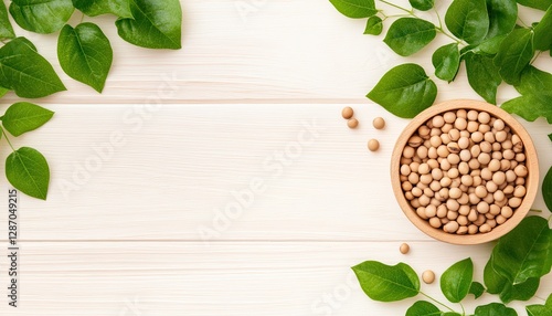 Soybeans in Bowl with Green Leaves on Light Wooden Background