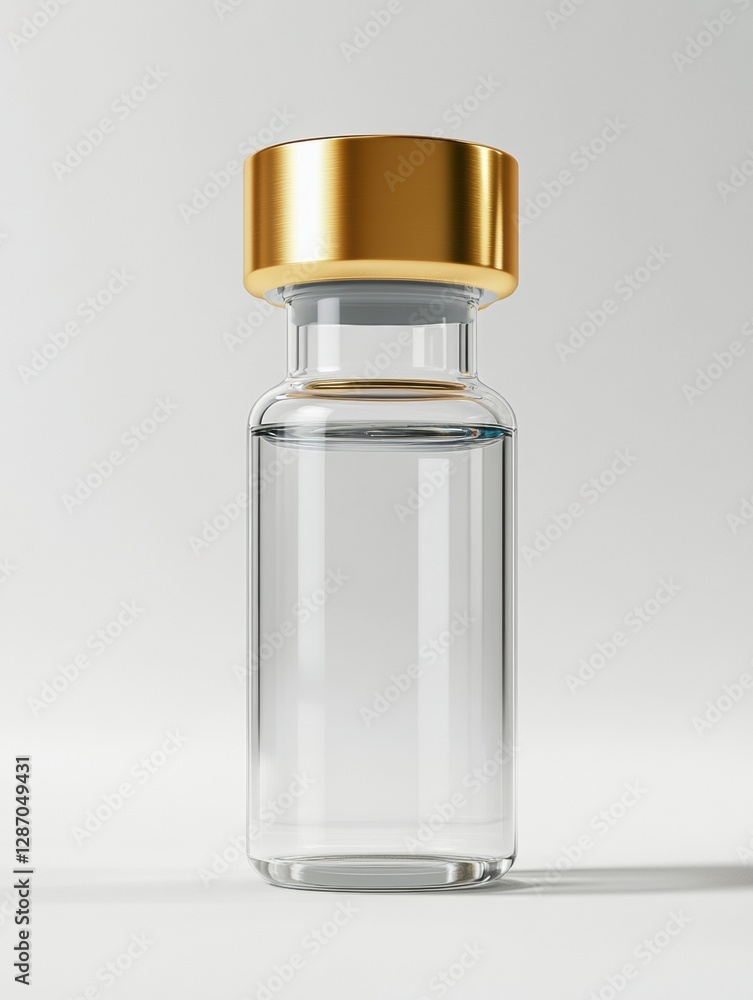 Elegant glass vial with a golden cap placed on a simple white background reflecting modern design aesthetics. Generative AI Elegant glass vial with a golden cap placed on a simple white background reflecting modern design aesthetics. Generative AI