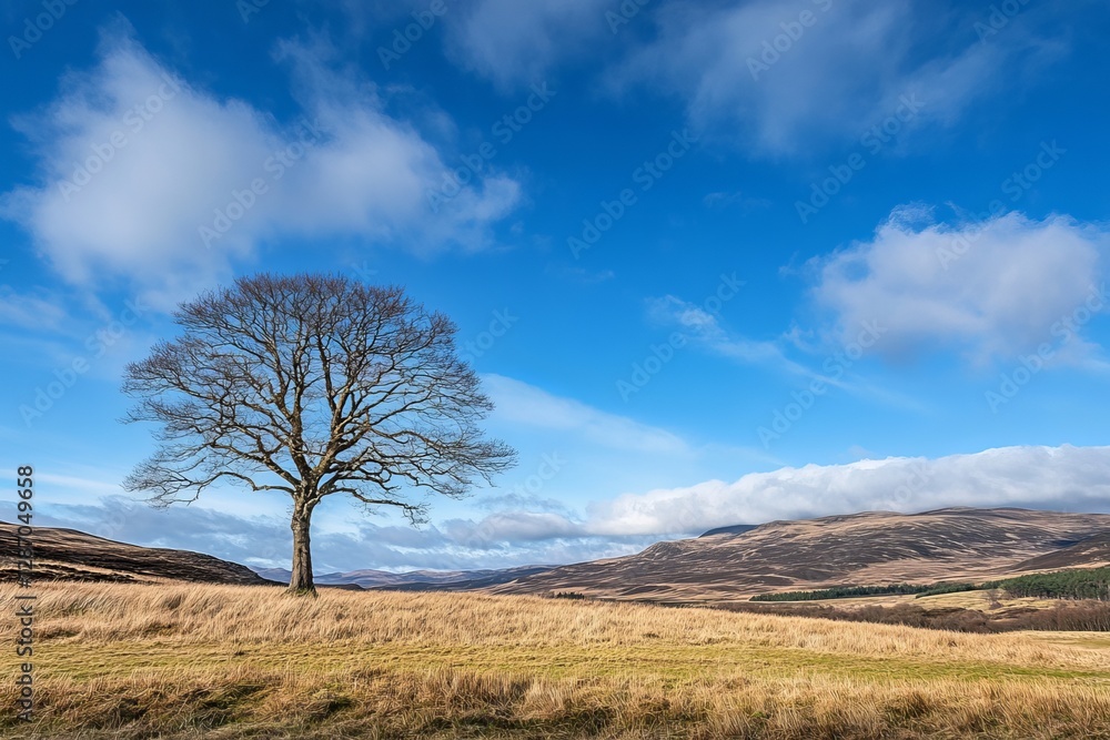 Lone Tree Winter Landscape Scottish Highlands Scenic View Beautiful Nature Panoramic Vast Expanse Golden Grass Blue Sky Clouds Dramatic Serenity Lone Tree Winter Landscape Scottish Highlands Scenic View Beautiful Nature Panoramic Vast Expanse Golden Grass Blue Sky Clouds Dramatic Serenity