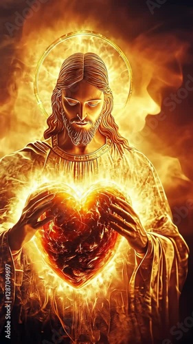 Central figure emanates warmth while holding a glowing heart surrounded by flames in a dramatic, spiritual representation