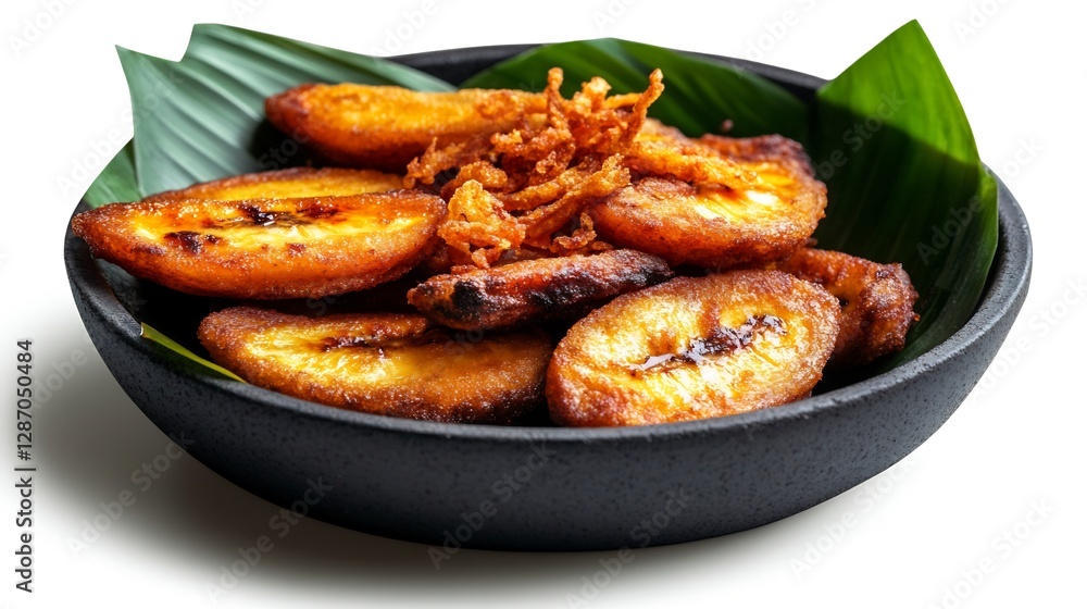 Golden Fried Banana Dish Served On Black Bowl With Green Leaves Golden Fried Banana Dish Served On Black Bowl With Green Leaves