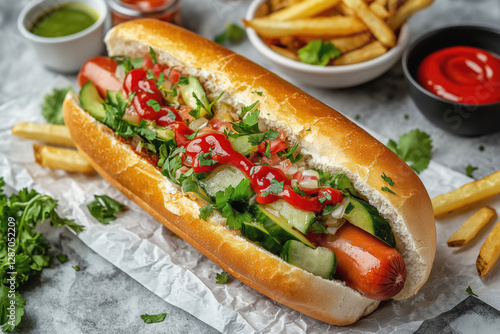 Delicious Gourmet Hot Dog with Fresh Vegetables and Ketchup.