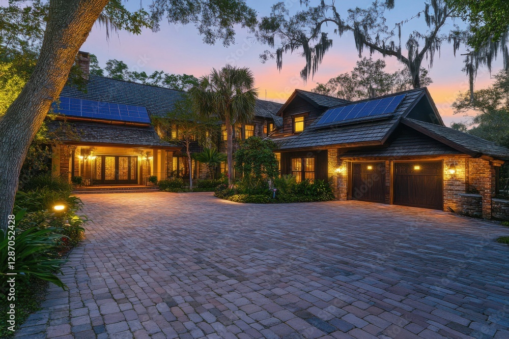 Serene home with solar panels amidst lush greenery at twilight, showcasing charming architecture and inviting atmosphere Serene home with solar panels amidst lush greenery at twilight, showcasing charming architecture and inviting atmosphere