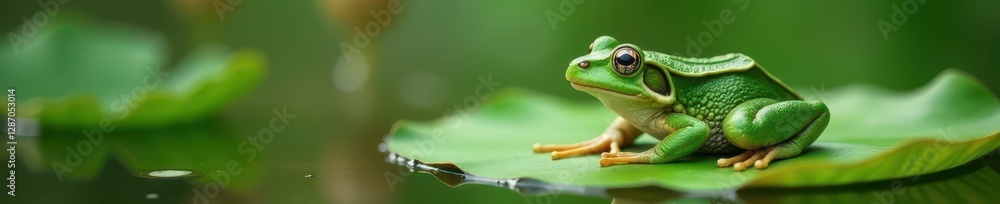 Obraz premium Green frog rests on a water lily, surrounded by pond weeds , amphibian, ecosystem