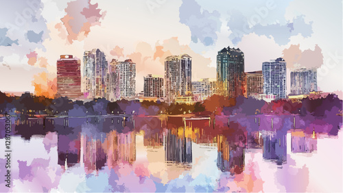 Orlando Skyline- A Soft Watercolor Painting