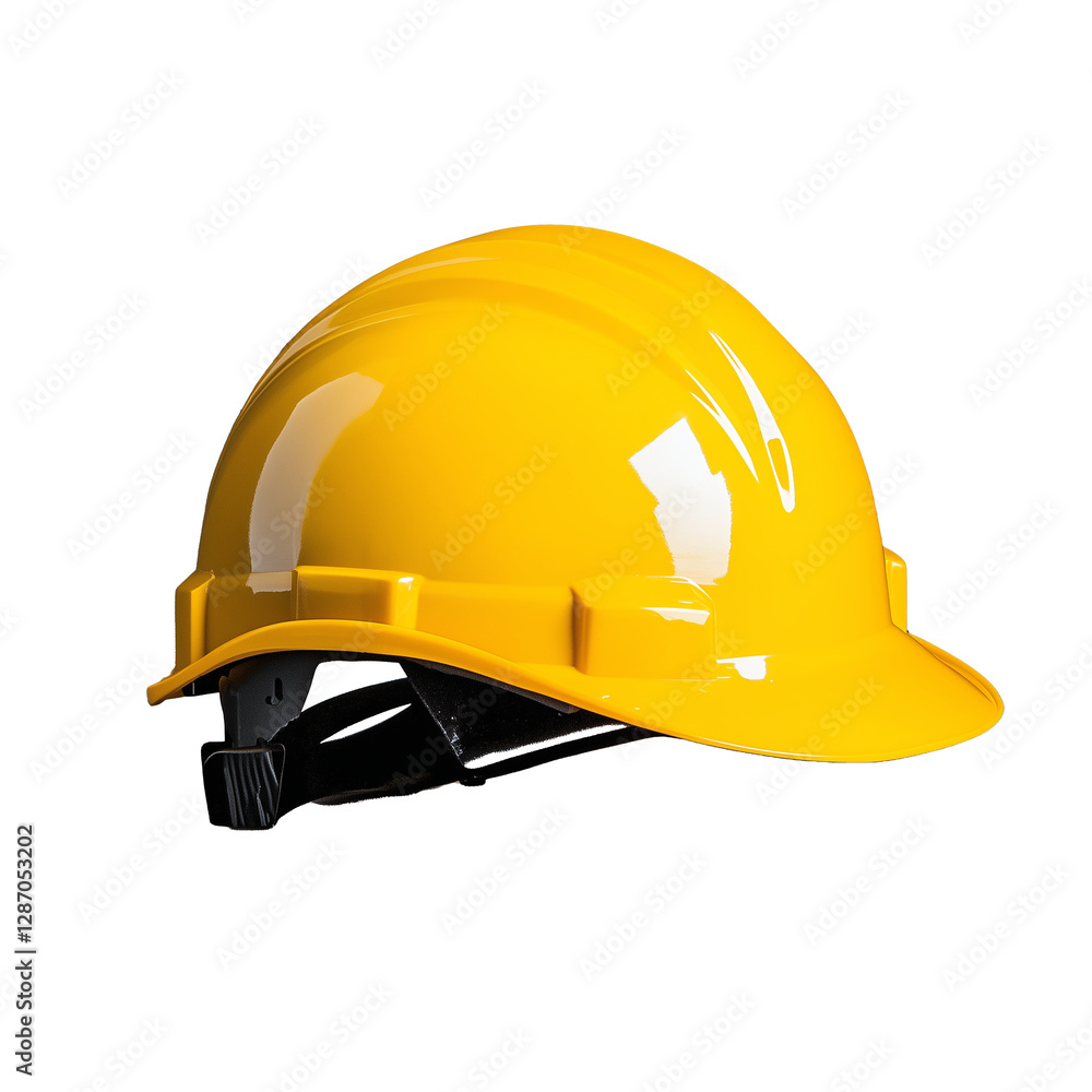 Fototapeta premium Yellow construction hard hat with black strap isolated on transparent background