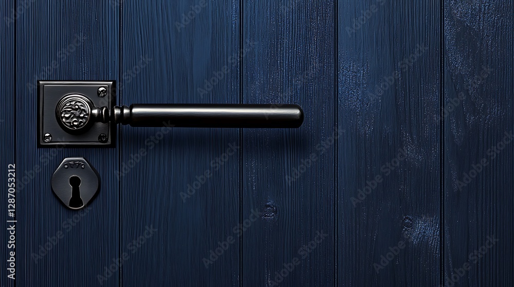 Black Door Handle on Deep Blue Wooden Door - Close-up Detail AI Generated Black Door Handle on Deep Blue Wooden Door - Close-up Detail AI Generated