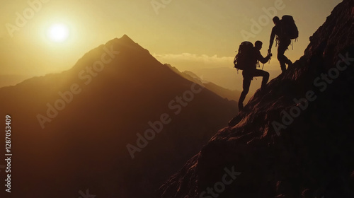 Two Hikers Silhouetted Against a Breathtaking Sunrise, One Extending a Helping Hand to Pull the Other Up a Steep Cliff, Symbolizing Teamwork, Perseverance, and Determination in a Rugged Mountain Lands