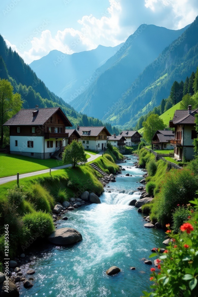 Fototapeta premium Idyllic Swiss village nestled beside a rushing stream , building, landscape