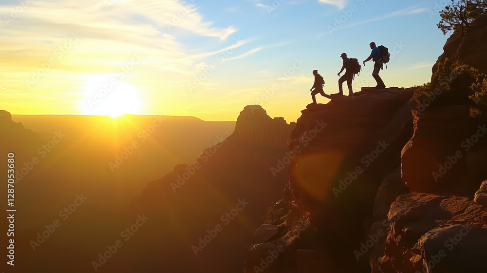 Two Hikers Silhouetted Against a Breathtaking Sunrise, One Extending a Helping Hand to Pull the Other Up a Steep Cliff, Symbolizing Teamwork, Perseverance, and Determination in a Rugged Mountain Lands Two Hikers Silhouetted Against a Breathtaking Sunrise, One Extending a Helping Hand to Pull the Other Up a Steep Cliff, Symbolizing Teamwork, Perseverance, and Determination in a Rugged Mountain Lands