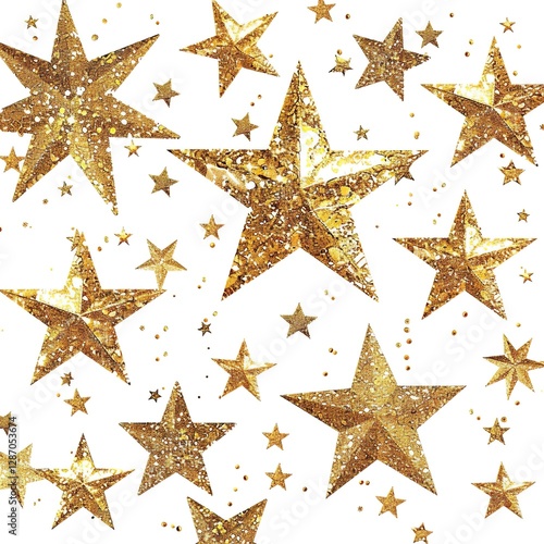 Seamless Golden Glitter Stars Pattern on White Background, Luxury Shining Texture, Festive Decorative Design, Sparkling Gold Starry Wallpaper, Abstract Art