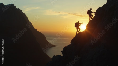 Two Hikers Silhouetted Against a Breathtaking Sunrise, One Extending a Helping Hand to Pull the Other Up a Steep Cliff, Symbolizing Teamwork, Perseverance, and Determination in a Rugged Mountain Lands