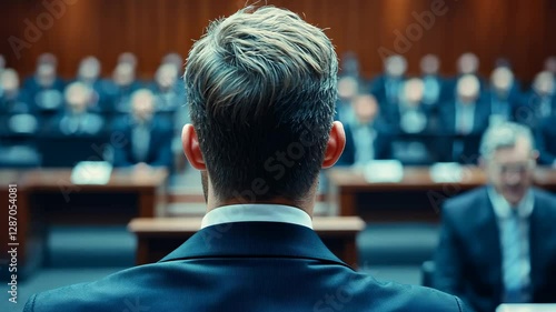 Wallpaper Mural Lawyer addressing a panel of judges during a courtroom hearing in a formal setting Torontodigital.ca