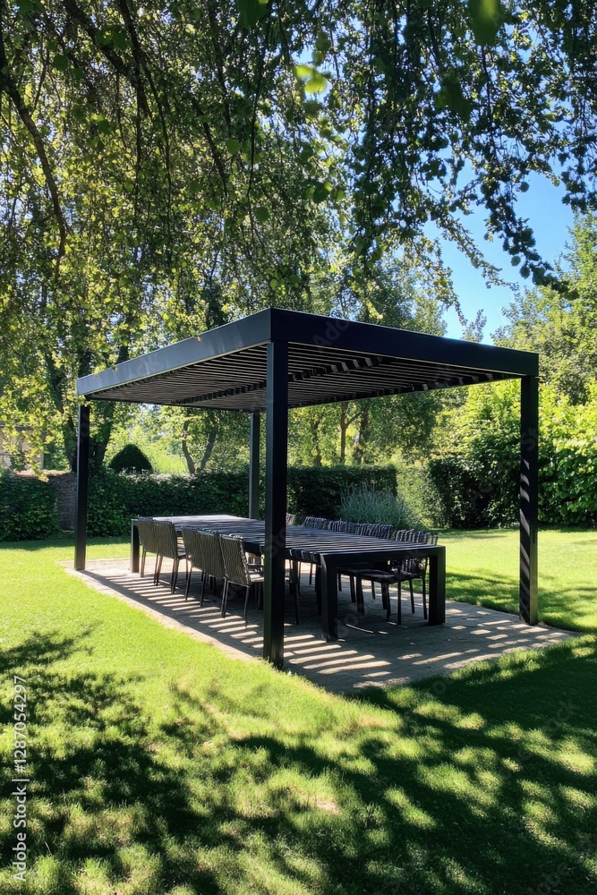 The contemporary outdoor dining space features ample seating and is beautifully shaded, nestled within a tranquil garden filled with lush greenery, perfect for daytime meals The contemporary outdoor dining space features ample seating and is beautifully shaded, nestled within a tranquil garden filled with lush greenery, perfect for daytime meals