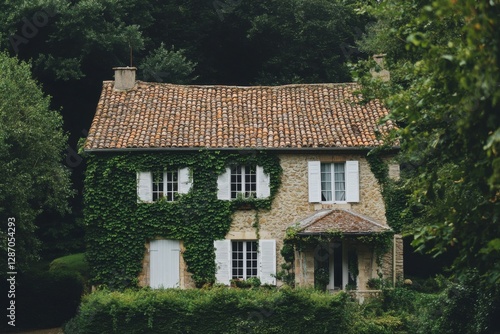 Wallpaper Mural Charming stone house covered in vibrant green ivy located in a serene countryside setting surrounded by lush trees and nature during late afternoon light Torontodigital.ca