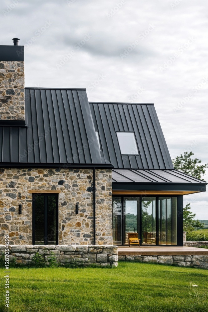 Modern stone house featuring large windows and a sleek metal roof, surrounded by verdant grass and trees under a cloudy sky at sunset Modern stone house featuring large windows and a sleek metal roof, surrounded by verdant grass and trees under a cloudy sky at sunset