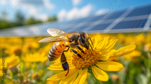 Beauty of nature and technology in harmony as a bee pollinates bright yellow flowers amidst solar panels