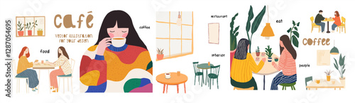 Cafe and coffee. Vector abstract , pastel illustration of dining room interior, table with chairs, furniture, girlfriends at a meeting, cute girl for poster or background. Icons and objects