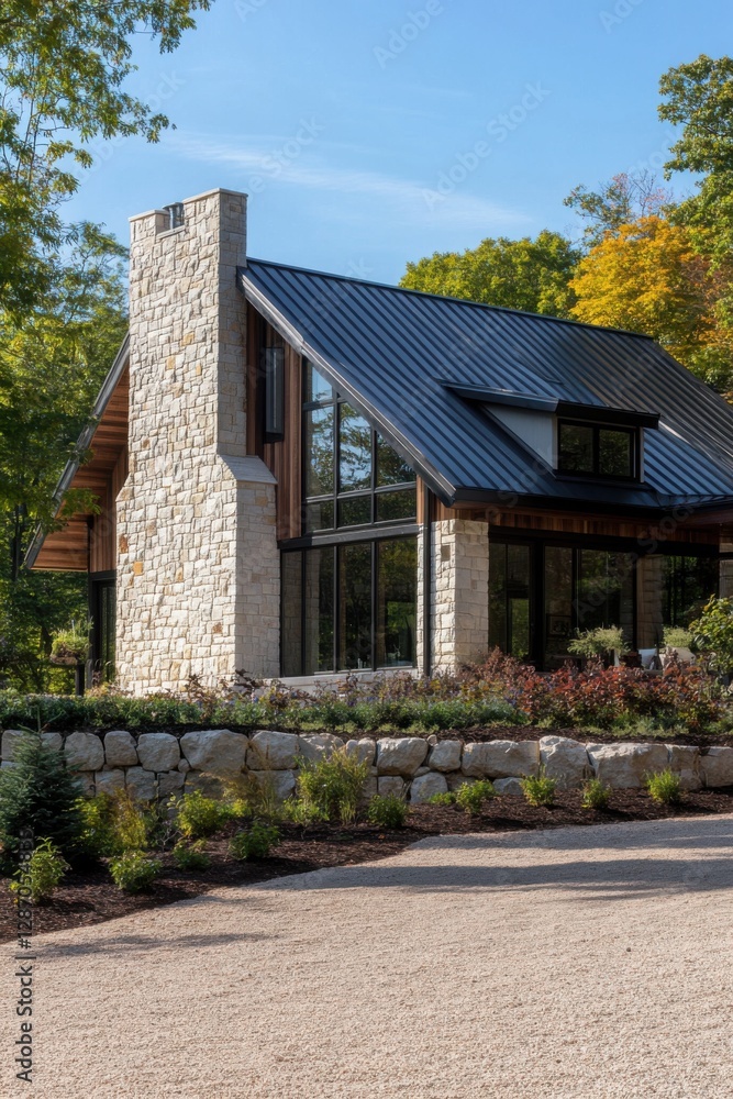 A contemporary stone house featuring a sleek metal roof is nestled amidst lush greenery, creating a tranquil outdoor ambiance on a bright, sunny day A contemporary stone house featuring a sleek metal roof is nestled amidst lush greenery, creating a tranquil outdoor ambiance on a bright, sunny day
