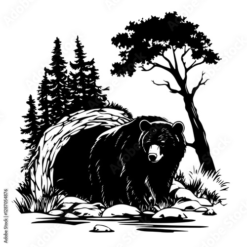 Silhouette bear by river with forest background – wildlife black-and-white vector illustration