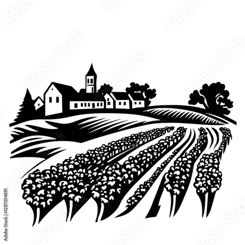 Silhouette rural village with bloom field – monochrome vector illustration