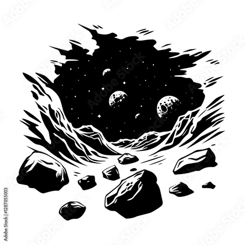 vector outer space landscape with asteroids and planets