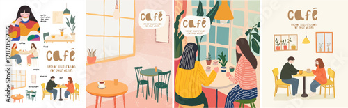 Cafe and coffee. Vector abstract, pastel illustration of dining room interior, table with chairs, furniture, girlfriends on a meeting, couple in a restaurant for a poster or background